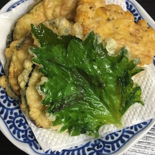 バジルコーンのかき揚げ♡茄子♡大葉の天ぷら